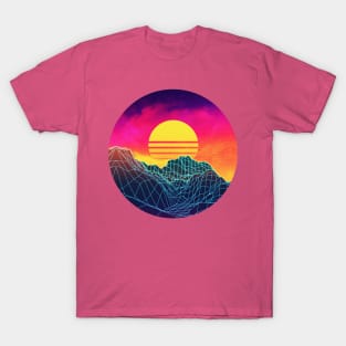 Neon glowing sun grid mountain T-Shirt